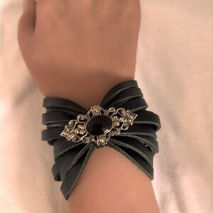 Elegant Black Leather Bracelet with Silver Accents